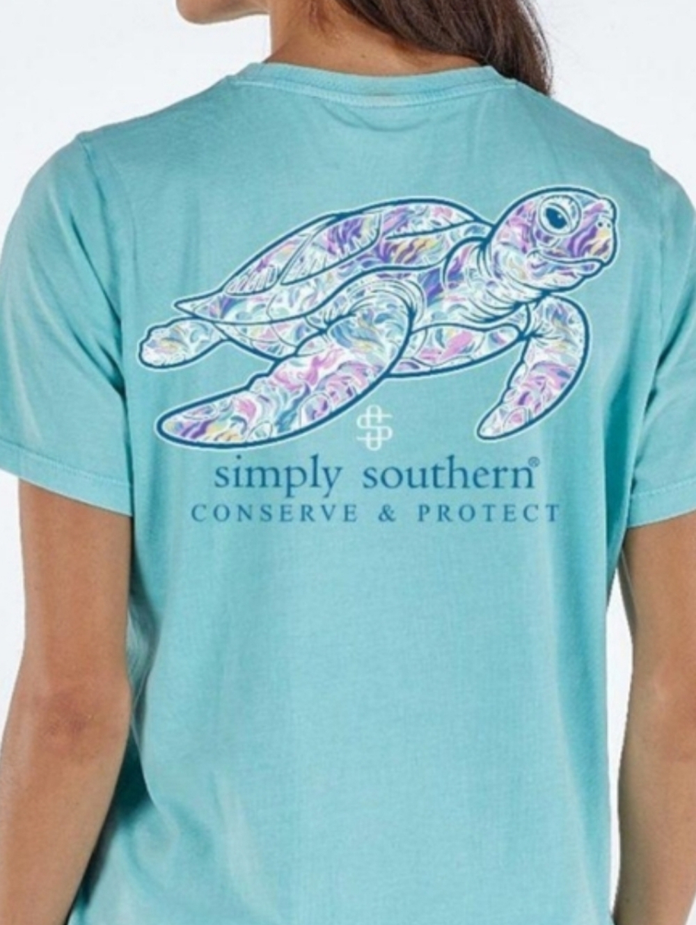 Simply Southern Turtle Reef Tracker Short Sleeve Light Blue Shirt, NWT